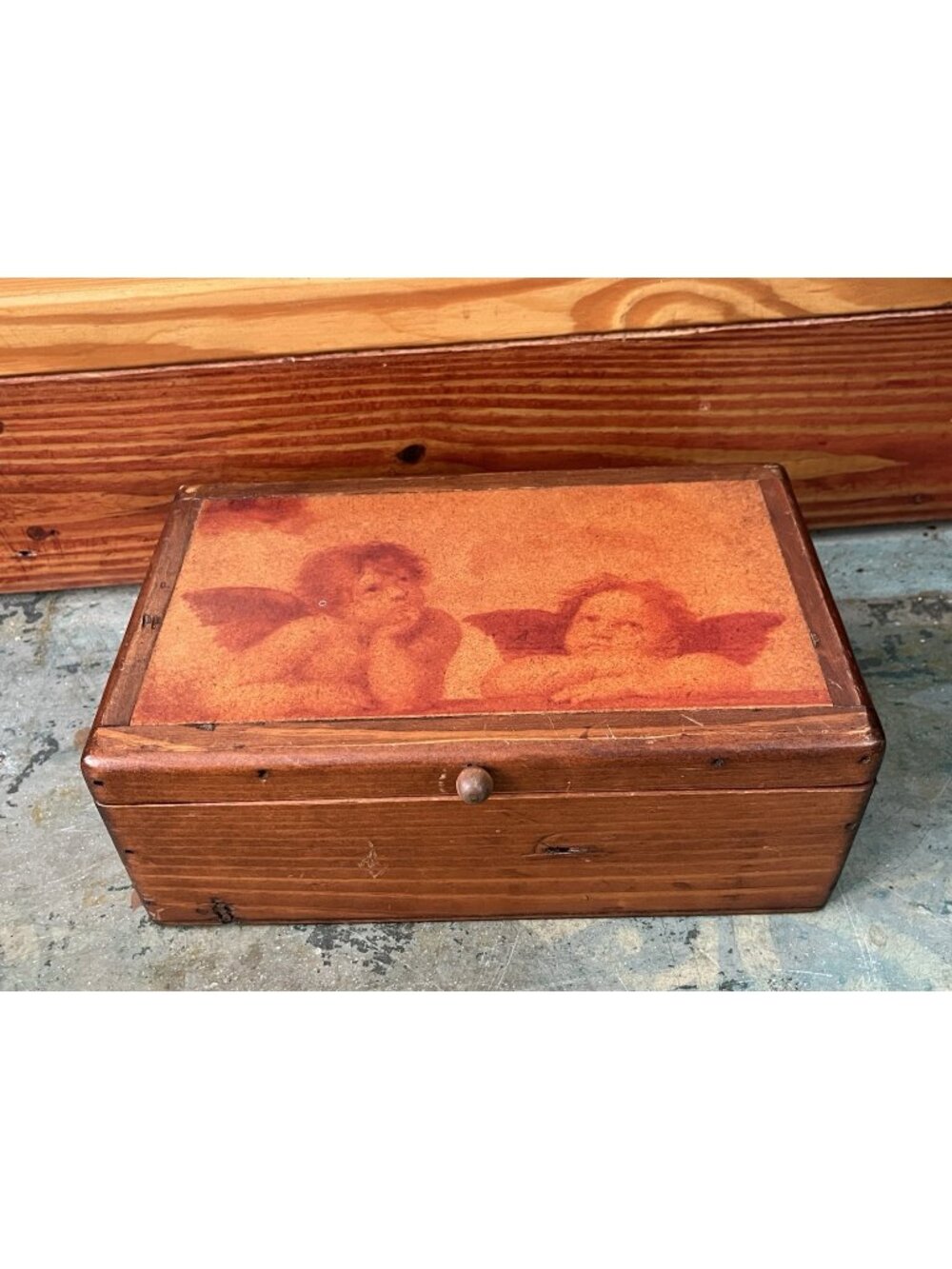 VTG Rustic Wooden Keepsake Box Cherub Angel Decoupage Folk Art Jewelry Trinket